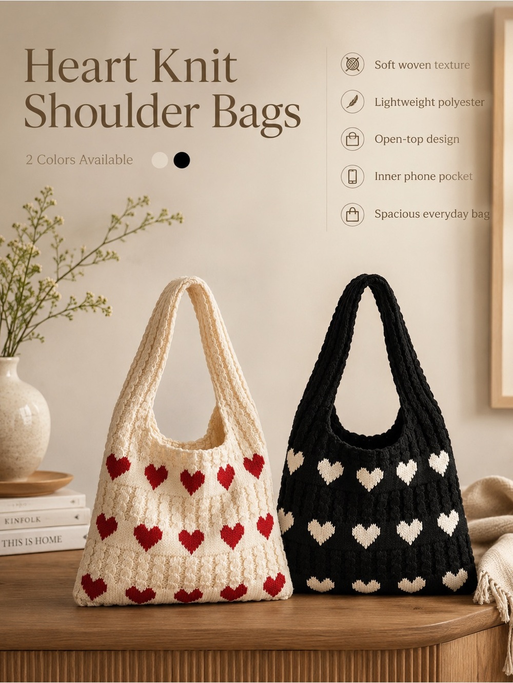 Heart Knit Shoulder Bag – Cream with Red Hearts | Unbranded